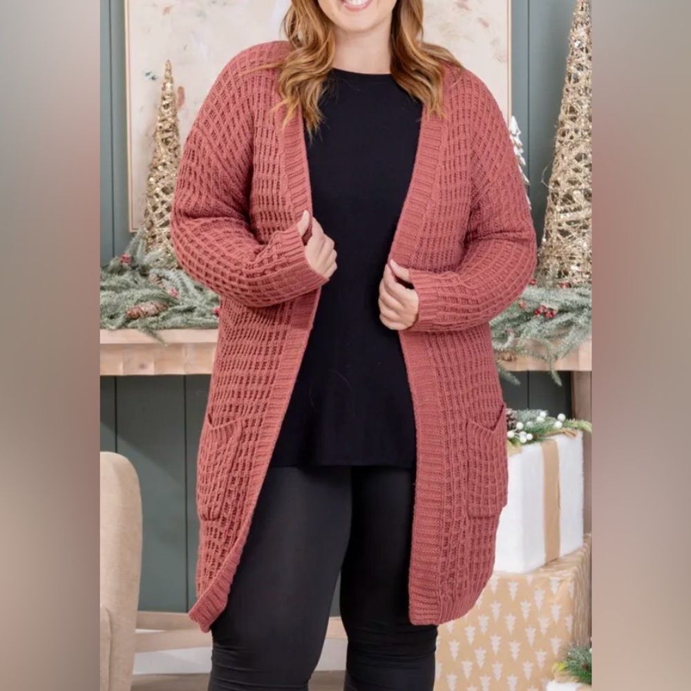 Discount Divas Boutique waffle Cable Knit Pocket Cardigan BLACK Large NWT